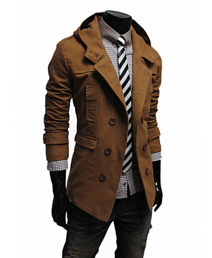 Men's Solid Casual Trench coat,Cotton Blend Long Sleeve-Black / Brown / Yellow / Tan