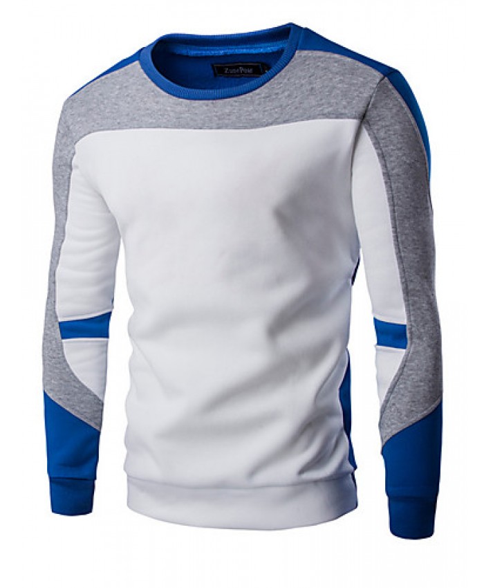 Men's Casual/Daily / Sports Simple / Active Regular Hoodies,Color Block Blue / White / Black Round Neck Long Sleeve Cotton Spring / Fall