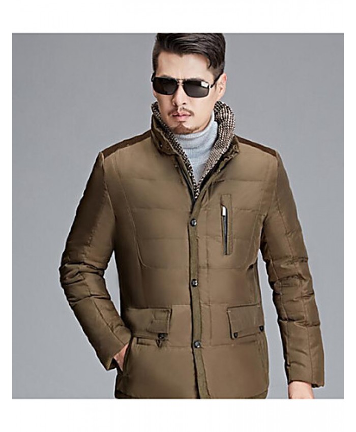 Men's Regular Down Coat,Simple Casual/Daily Solid-Polyester White Duck Down Long Sleeve Standing Collar Brown / Green