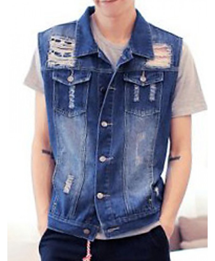 Men's Sleeveless Casual Jacket,Cotton Solid Blue