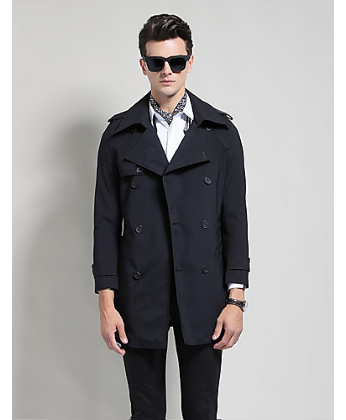 Men's Solid Casual / Work Trench coat,Cotton / Polyester Long Sleeve-Black / Blue / Brown / Yellow