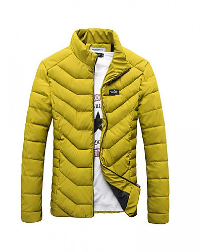 Men's Regular Down Coat,Simple Casual/Daily Solid-Polyester White Duck Down Long Sleeve Hooded Black / Yellow