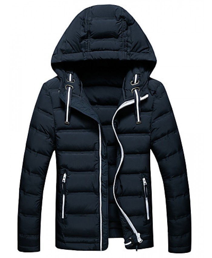 Men's Fashion Thick Hooded Down Jacket Simple Plus Size / Casual/Daily Solid-Cotton / Polyester Polypropylene Long Sleeve HoodedBlue / Black / Gray /