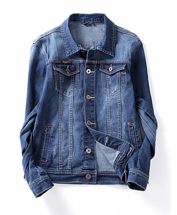 Men's Korean Slim Stretch Bleached Denim Jacket,Cotton / Polyester Solid Blue