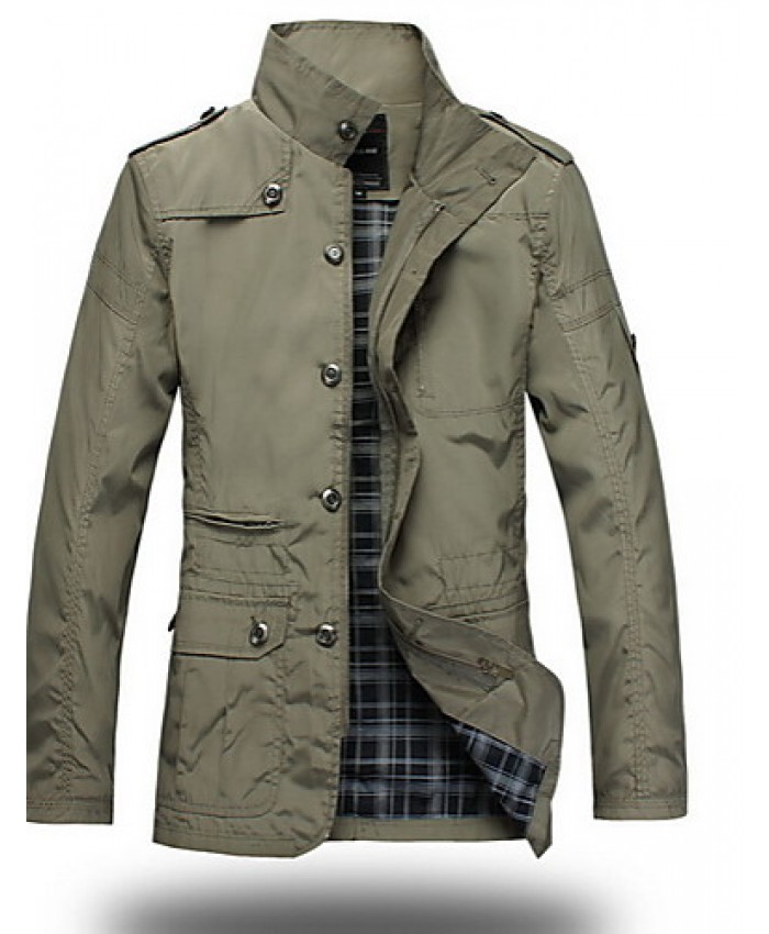 Men's Long Sleeve Regular Trench Coat , Polyester Plaids & Checks Winter Jacket