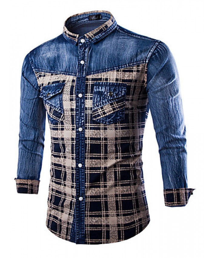 Men's Plaids & Checks Long Sleeve Top , Cotton / Denim Casual