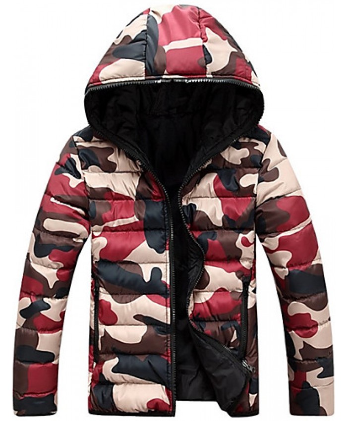 Men'sWinter Large SizeCasual Work Long Sleeve Camouflage Printed Turtleneck Zipper Cotton Warm Hooded CoatJacket