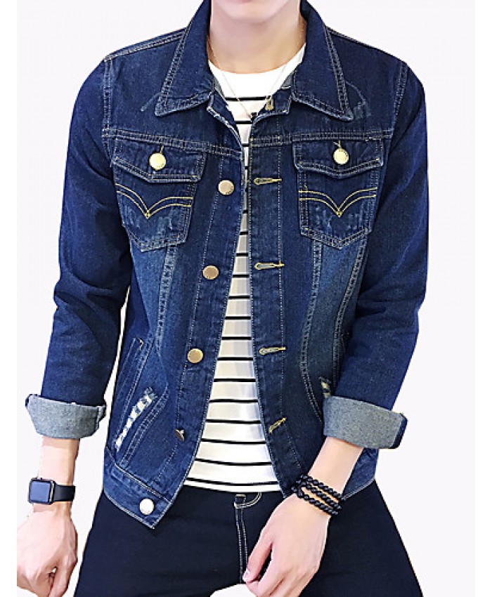 Men's Fashion Solid Broken Hole Slim Fit Casual Long Sleeve Denim Jacket,Cotton/Print/Casual/Plus Size