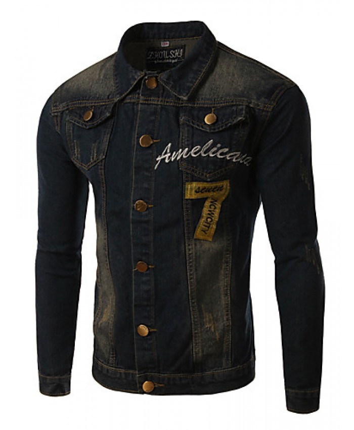 Men's Print Long Sleeve Jacket , Cotton / Denim Casual